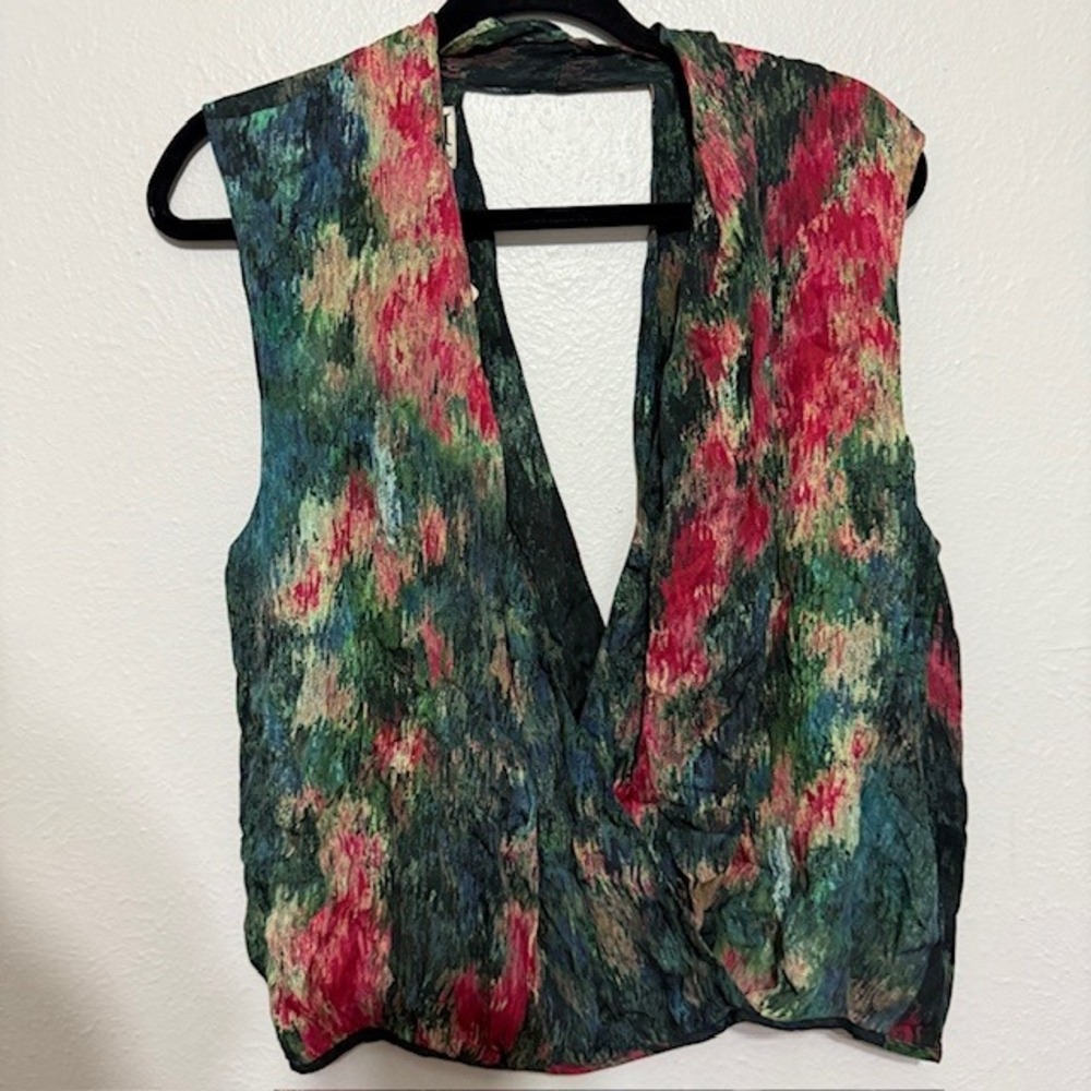 Haute Hippie Silk Top Abstract Floral Deep V-Neck M Boho Festival Beach Vacation